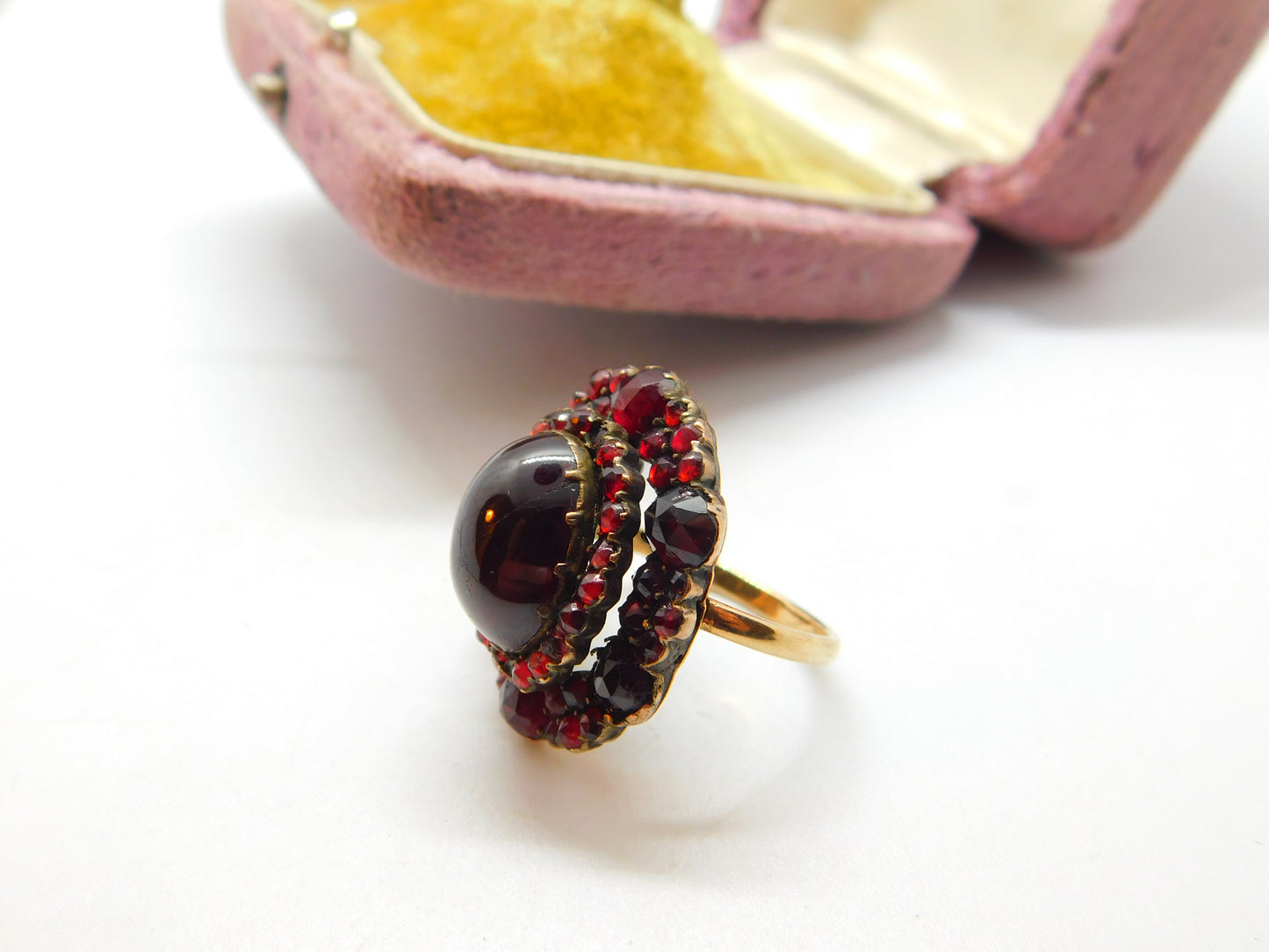 Austro-Hungarian Victorian 9ct Gold & Bohemian Garnet Large Floral Ring Antique