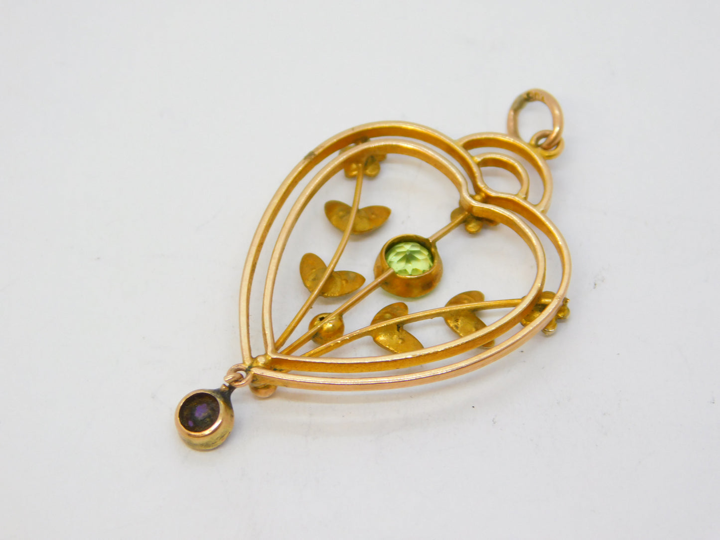 Edwardian 9ct Gold, Peridot, Amethyst, Pearl Suffragette Lavalier Pendant c1910
