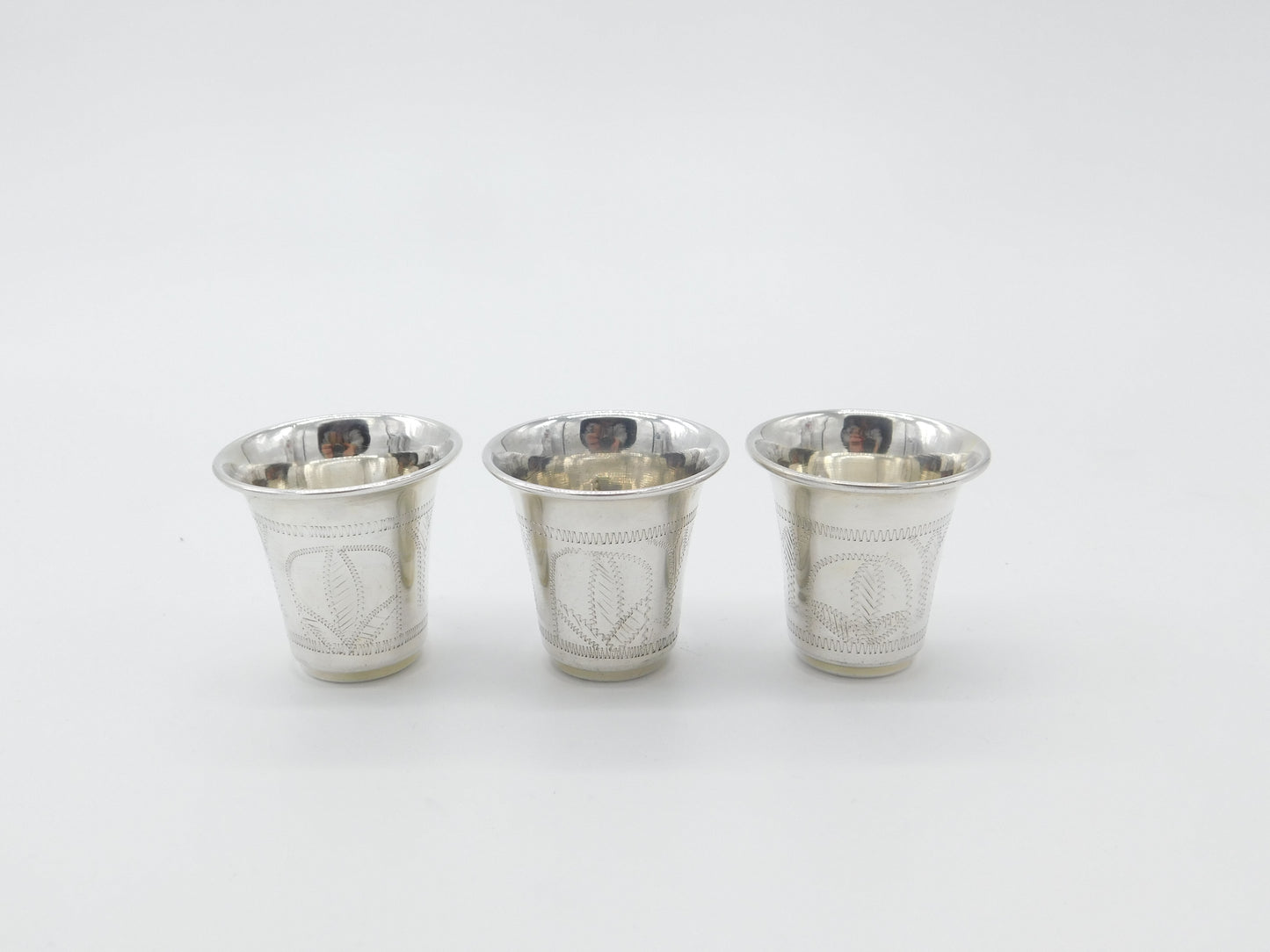 Set Of Three Sterling Silver Floral Etched Shot Cups Antique 1919 Art Deco