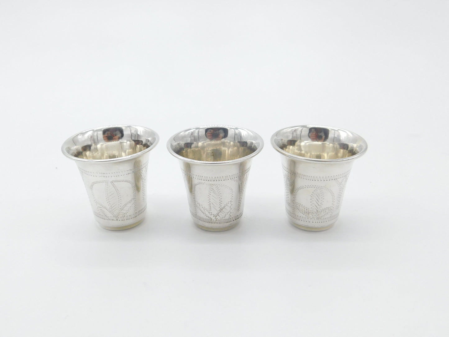 Set Of Three Sterling Silver Floral Etched Shot Cups Antique 1919 Art Deco