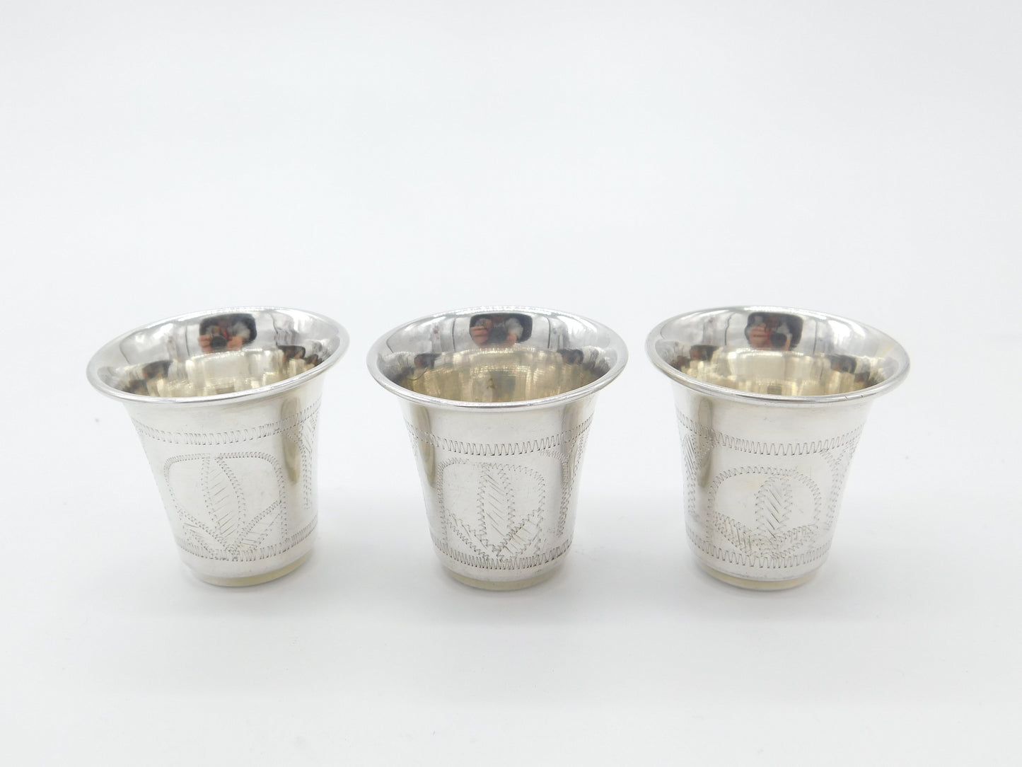 Set Of Three Sterling Silver Floral Etched Shot Cups Antique 1919 Art Deco