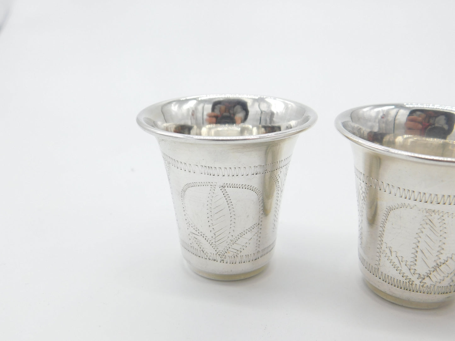 Set Of Three Sterling Silver Floral Etched Shot Cups Antique 1919 Art Deco