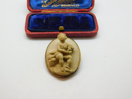 Regency Grand Tour Gold Set Carved Lava Cherub Baby High Relief Cameo Brooch c1830