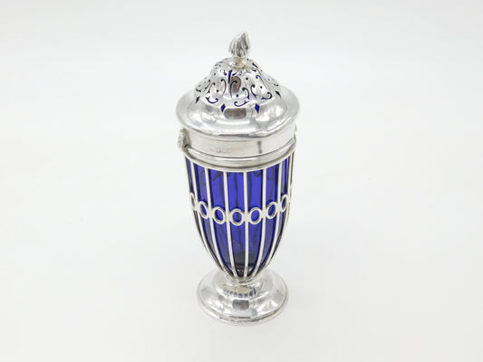 Victorian Sterling Silver Blue Glass Lined Sugar Caster 1900 London Antique