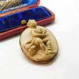 Regency Grand Tour Gold Set Carved Lava Cherub Baby High Relief Cameo Brooch c1830