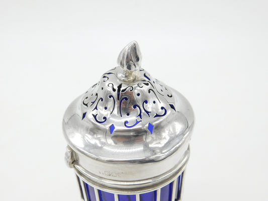 Victorian Sterling Silver Blue Glass Lined Sugar Caster 1900 London Antique