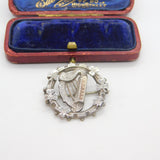 Victorian Gold on Sterling Silver Good Luck Irish Harp Shamrock Brooch 1892