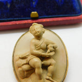 Regency Grand Tour Gold Set Carved Lava Cherub Baby High Relief Cameo Brooch c1830
