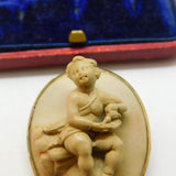 Regency Grand Tour Gold Set Carved Lava Cherub Baby High Relief Cameo Brooch c1830