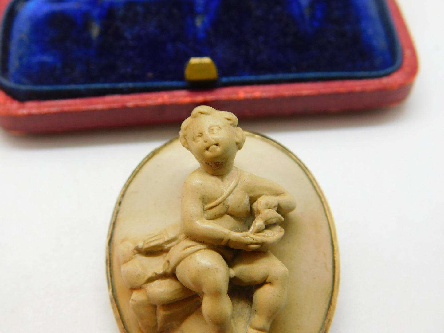 Regency Grand Tour Gold Set Carved Lava Cherub Baby High Relief Cameo Brooch c1830