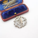 Victorian Gold on Sterling Silver Good Luck Irish Harp Shamrock Brooch 1892