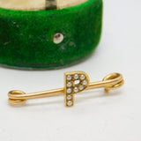 Edwardian 15ct Yellow Gold & Seed Pearl 'P' Initial Brooch Antique c1910