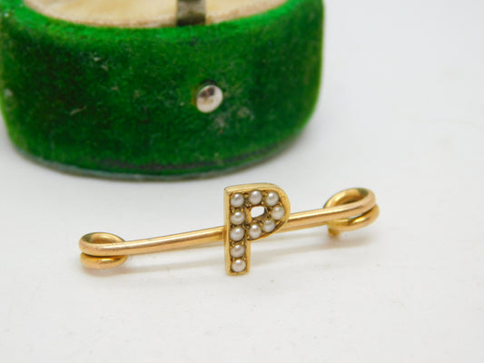 Edwardian 15ct Yellow Gold & Seed Pearl 'P' Initial Brooch Antique c1910