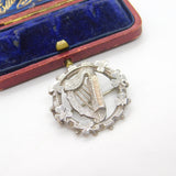 Victorian Gold on Sterling Silver Good Luck Irish Harp Shamrock Brooch 1892