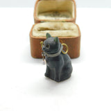 Czech Dark Green Glass Cracker Cat Charm with Collar Antique c1920 Art Deco