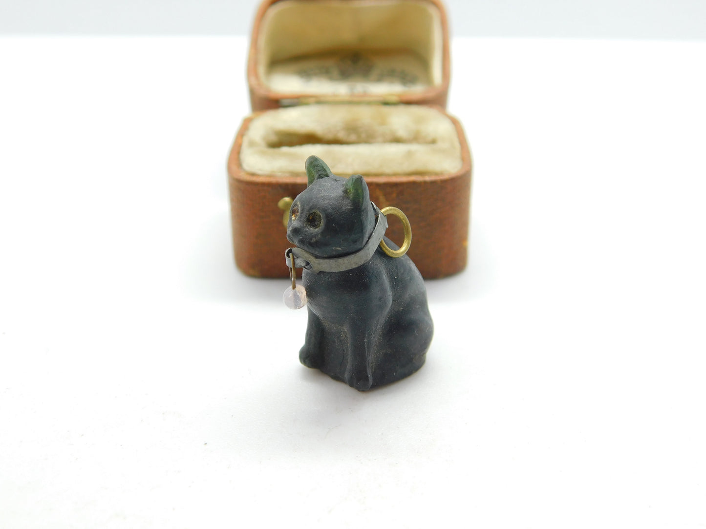 Czech Dark Green Glass Cracker Cat Charm with Collar Antique c1920 Art Deco