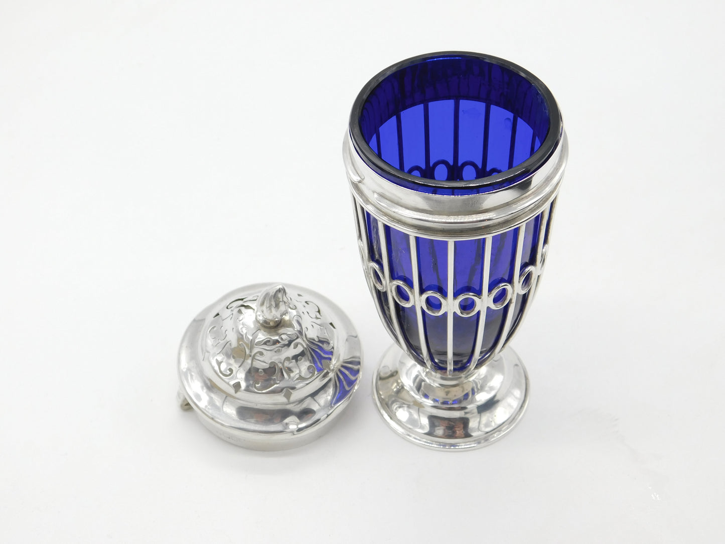 Victorian Sterling Silver Blue Glass Lined Sugar Caster 1900 London Antique