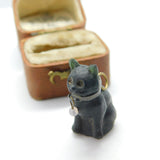 Czech Dark Green Glass Cracker Cat Charm with Collar Antique c1920 Art Deco