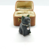 Czech Dark Green Glass Cracker Cat Charm with Collar Antique c1920 Art Deco