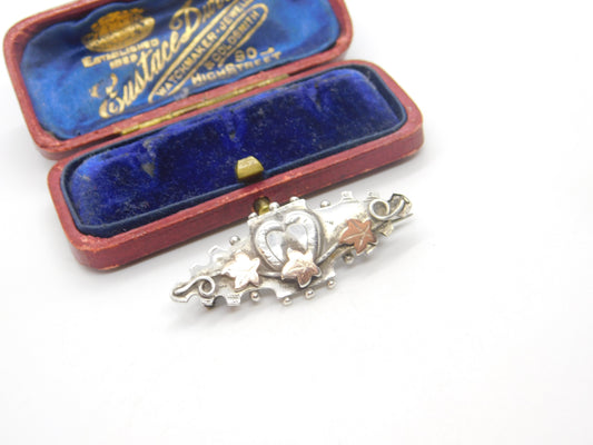 Victorian 9ct Gold & Sterling Silver Ivy Leaf Sweetheart Brooch 1895 Chester