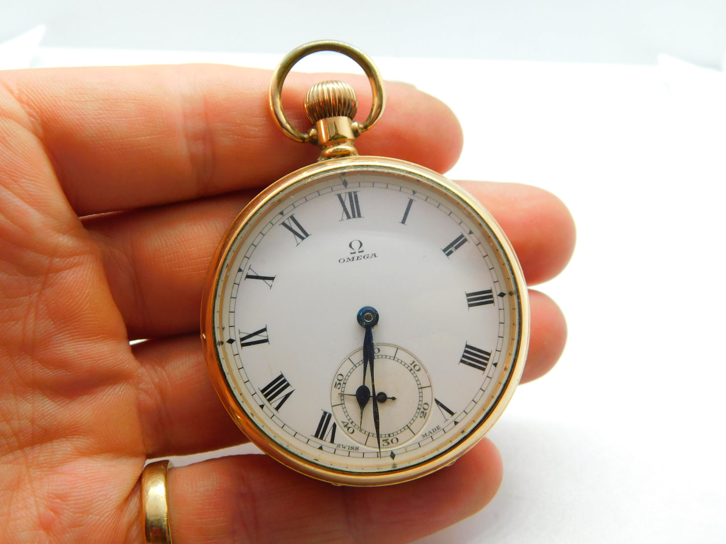 Omega 15-Jewel Gold Plated Open Face Pocket Watch Dennison Case c1935