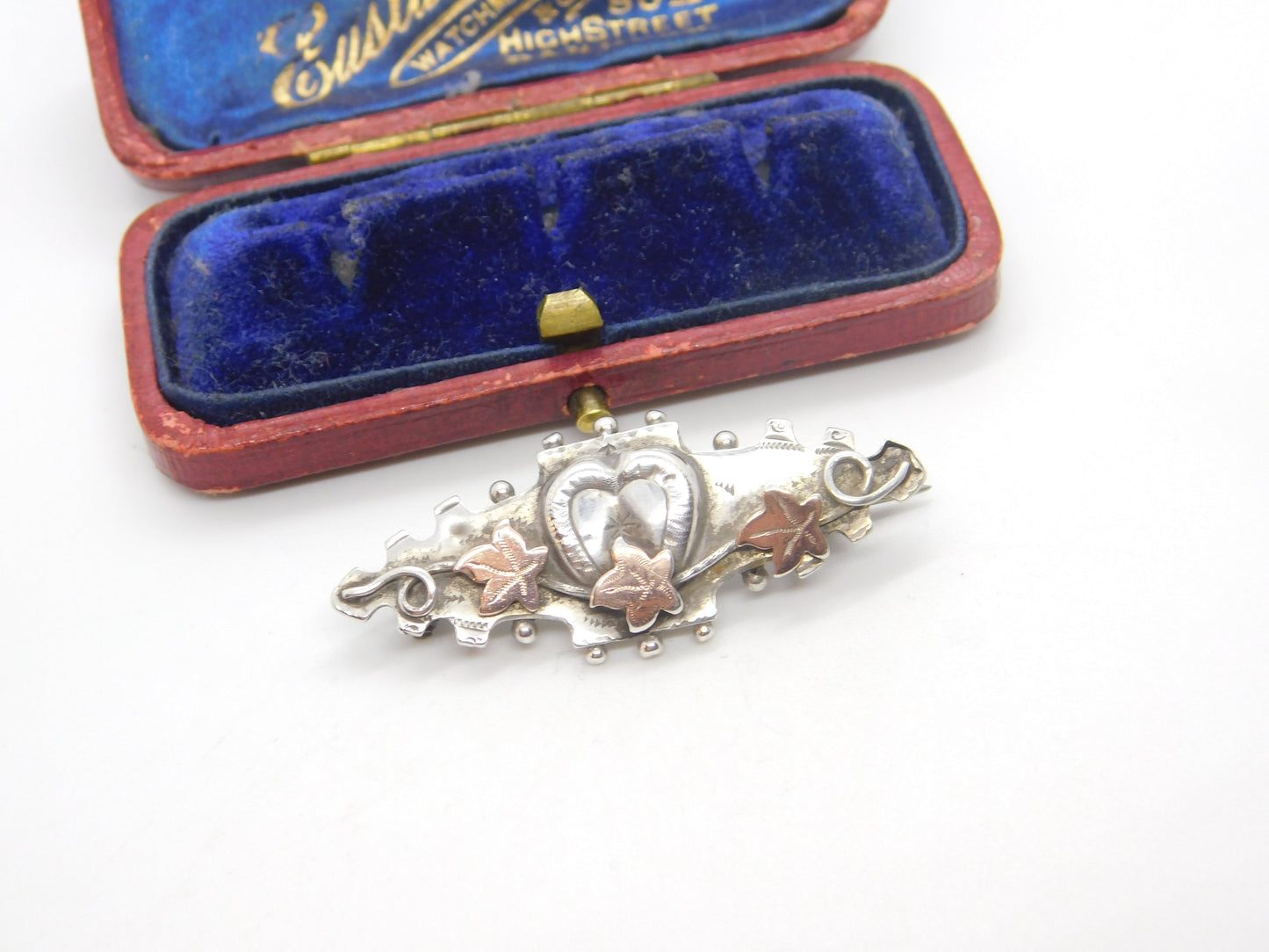 Victorian 9ct Gold & Sterling Silver Ivy Leaf Sweetheart Brooch 1895 Chester