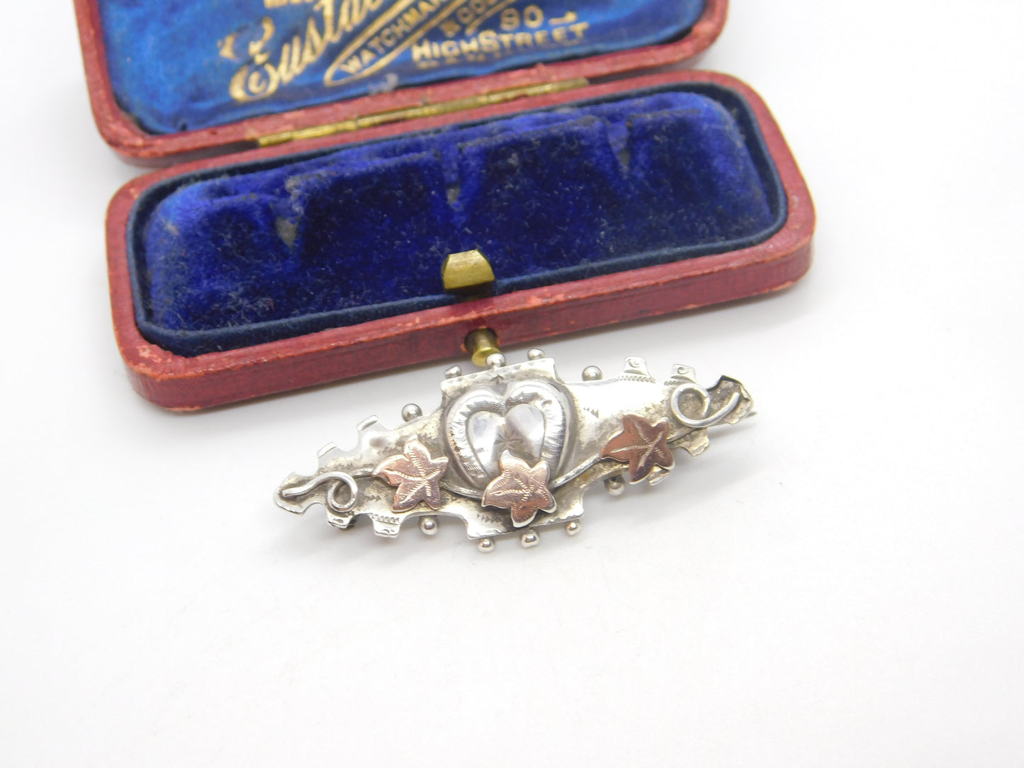 Victorian 9ct Gold & Sterling Silver Ivy Leaf Sweetheart Brooch 1895 Chester