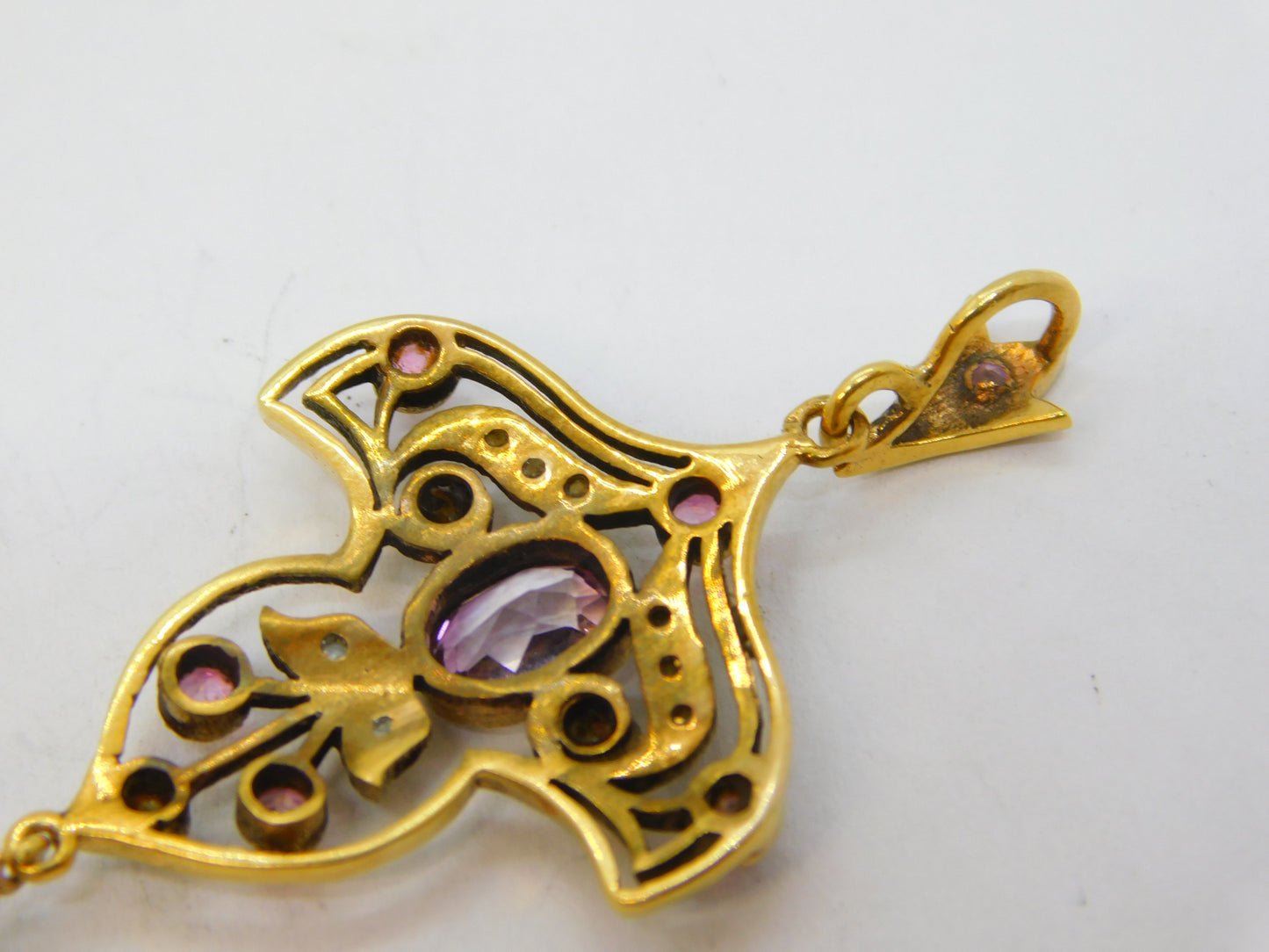 9ct Yellow Gold, Amethyst, Peridot & Seed Pearl Suffragette Pendant Vintage