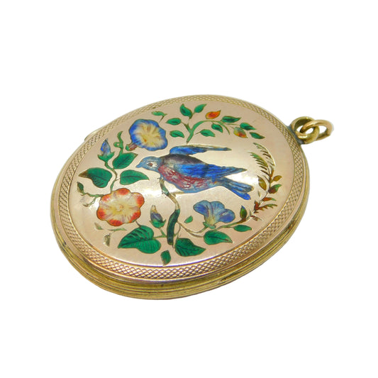 Victorian 9ct Gold Back & Front Enamel Swallow Sweetheart Locket Antique c1880