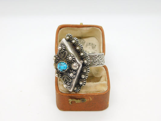 Large Egyptian .900 Silver Turquoise Set Poison Locket Ring Antique c1940 Deco