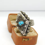 Large Egyptian .900 Silver Turquoise Set Poison Locket Ring Antique c1940 Deco