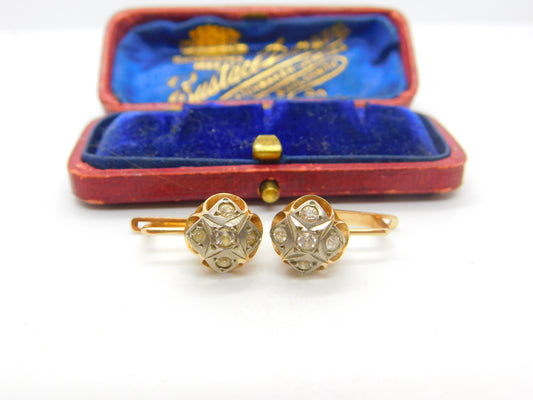 Russian 14ct Rose Gold & Pave Set White Sapphire Clip Earrings Vintage c1960