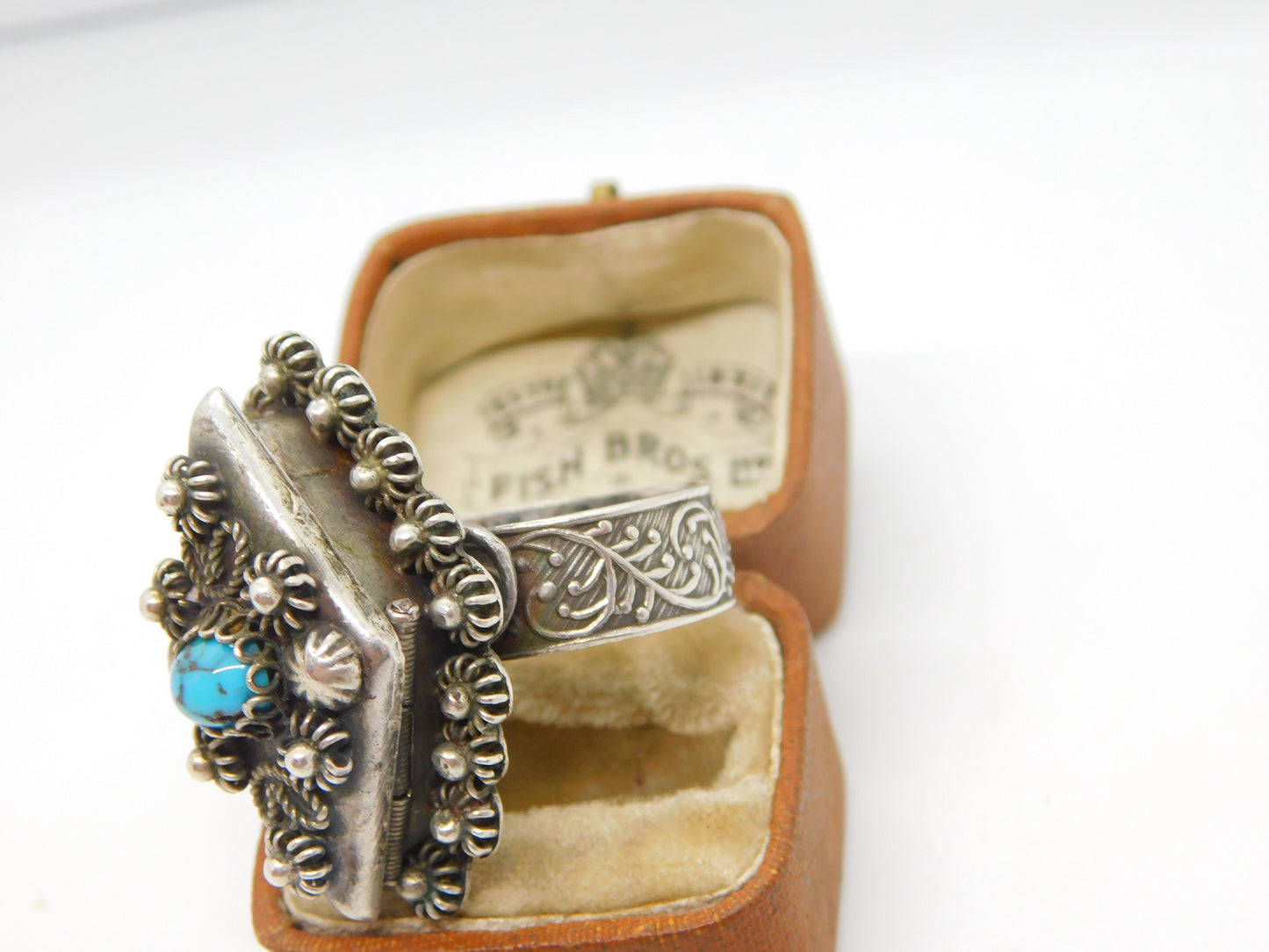 Large Egyptian .900 Silver Turquoise Set Poison Locket Ring Antique c1940 Deco