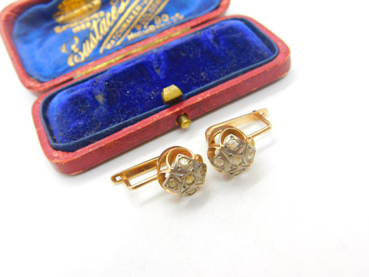 Russian 14ct Rose Gold & Pave Set White Sapphire Clip Earrings Vintage c1960