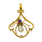 Edwardian 9ct Gold, Amethyst, Pearl & Diamond Spider Pendant Antique c1910