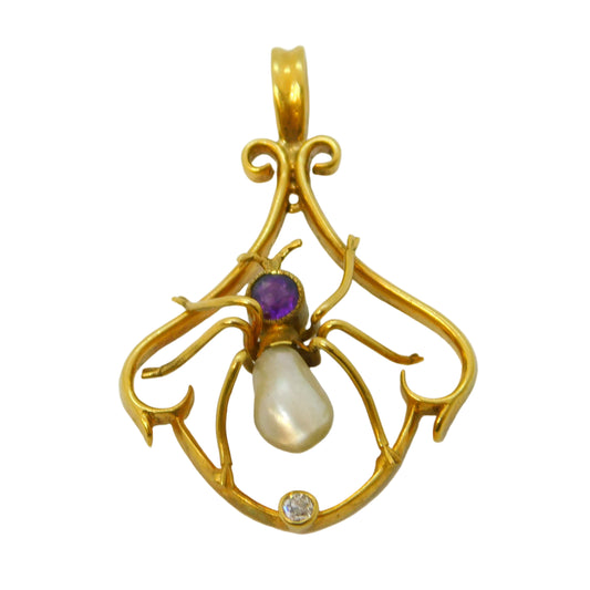 Edwardian 9ct Gold, Amethyst, Pearl & Diamond Spider Pendant Antique c1910