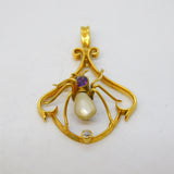 Edwardian 9ct Gold, Amethyst, Pearl & Diamond Spider Pendant Antique c1910