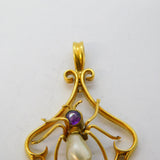 Edwardian 9ct Gold, Amethyst, Pearl & Diamond Spider Pendant Antique c1910
