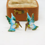 Sterling Silver Colourful Enamel Hummingbird Stud Earrings Antique c1930 Deco
