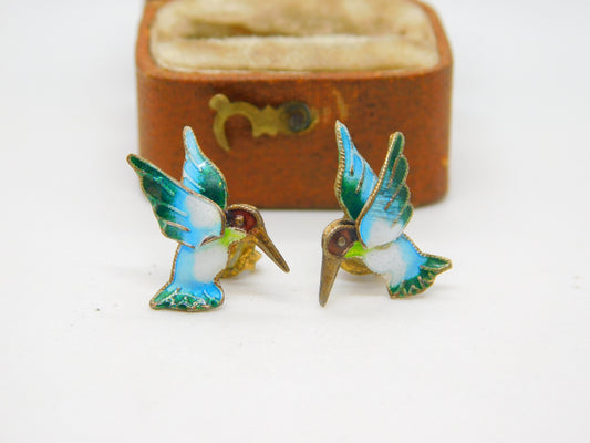 Sterling Silver Colourful Enamel Hummingbird Stud Earrings Antique c1930 Deco