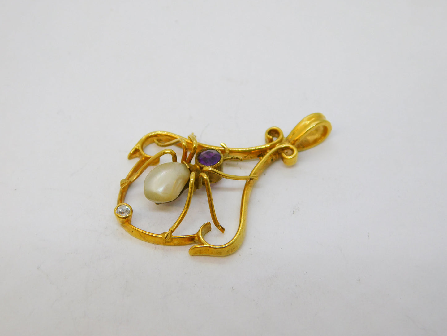 Edwardian 9ct Gold, Amethyst, Pearl & Diamond Spider Pendant Antique c1910