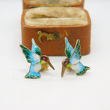 Sterling Silver Colourful Enamel Hummingbird Stud Earrings Antique c1930 Deco