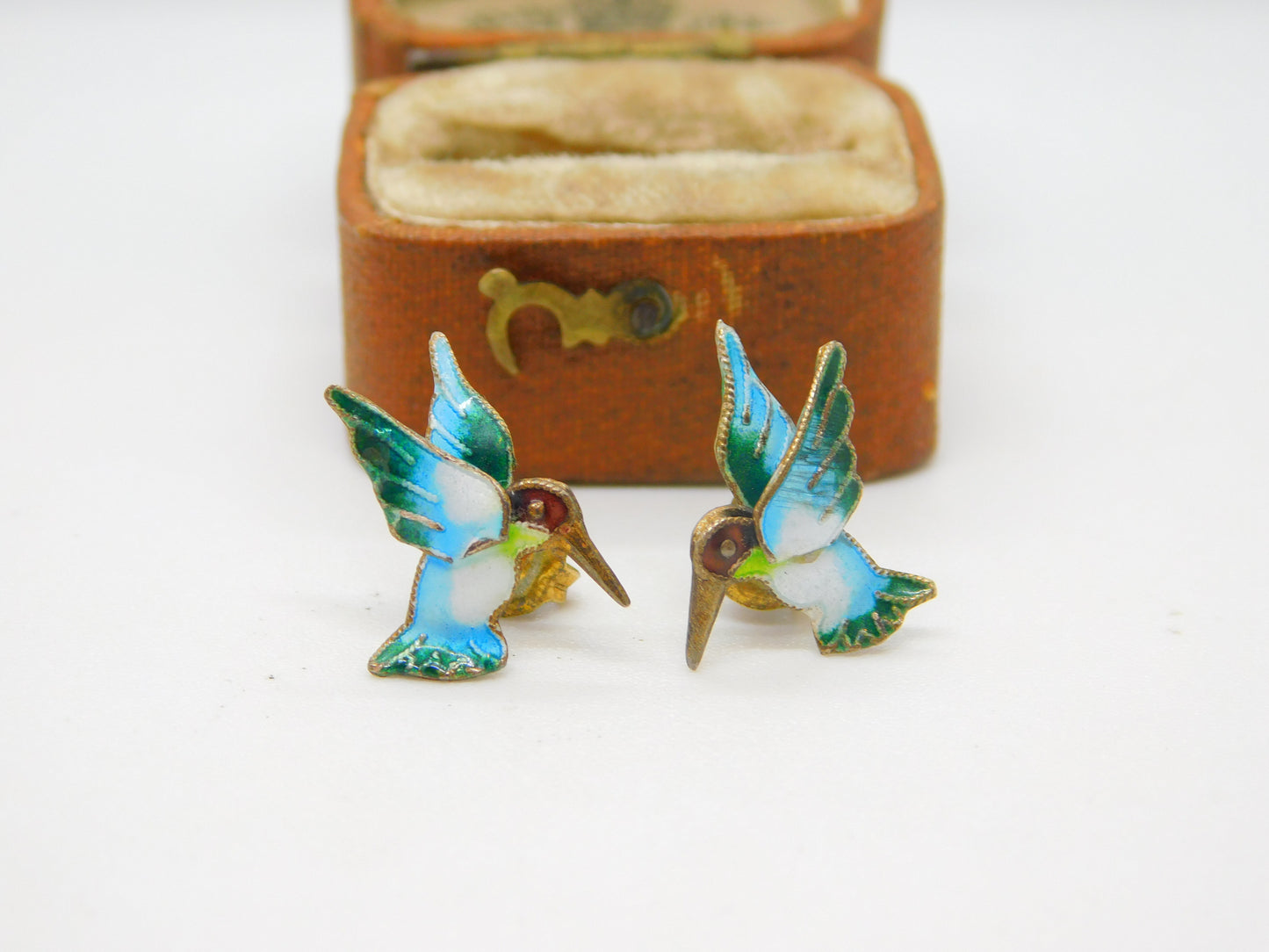 Sterling Silver Colourful Enamel Hummingbird Stud Earrings Antique c1930 Deco