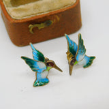 Sterling Silver Colourful Enamel Hummingbird Stud Earrings Antique c1930 Deco