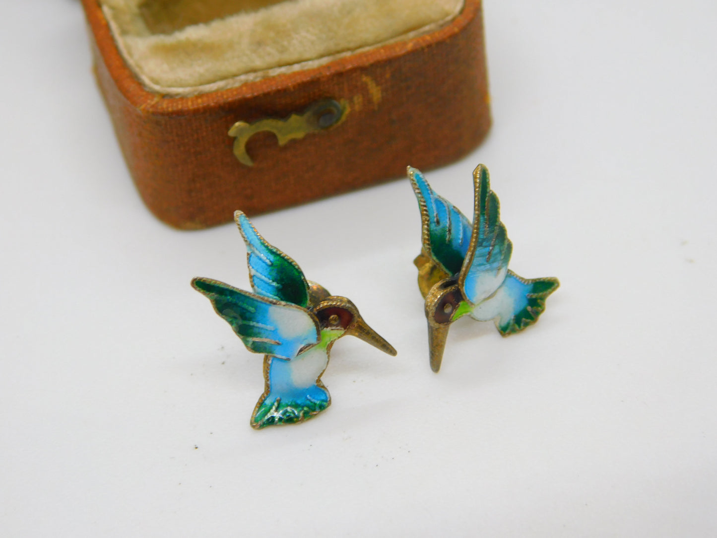 Sterling Silver Colourful Enamel Hummingbird Stud Earrings Antique c1930 Deco