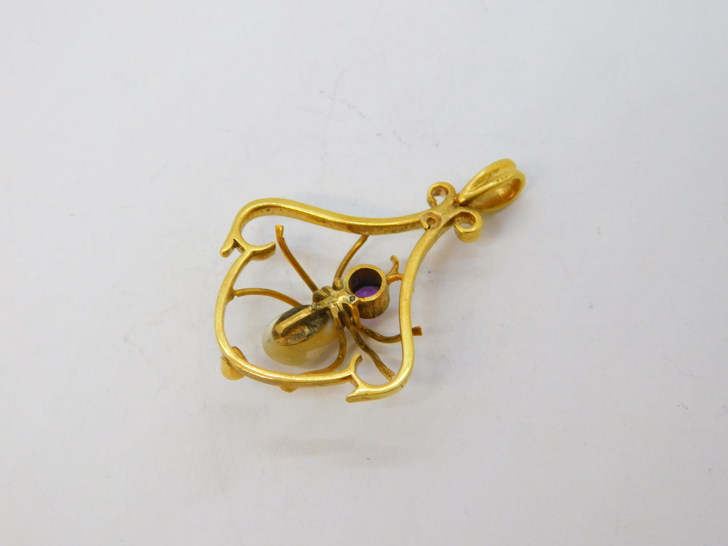 Edwardian 9ct Gold, Amethyst, Pearl & Diamond Spider Pendant Antique c1910