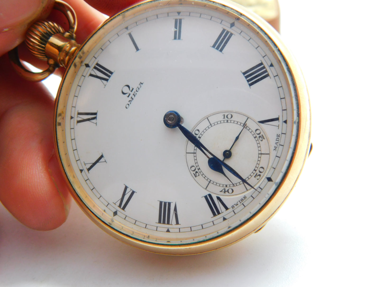 Omega 15-Jewel Gold Plated Open Face Pocket Watch Dennison Case c1935