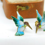 Sterling Silver Colourful Enamel Hummingbird Stud Earrings Antique c1930 Deco