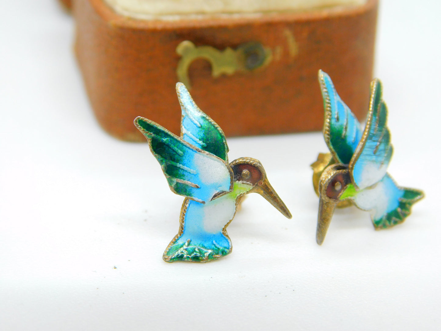 Sterling Silver Colourful Enamel Hummingbird Stud Earrings Antique c1930 Deco