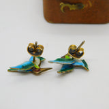 Sterling Silver Colourful Enamel Hummingbird Stud Earrings Antique c1930 Deco